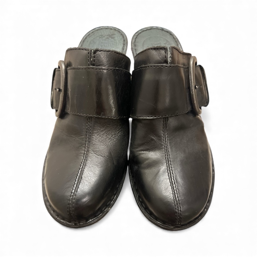 NEW Black Leather Biker Clogs 3.5 Chunky Heel Buckle Moto Platform Shoes Sz 8 - Picture 12 of 14